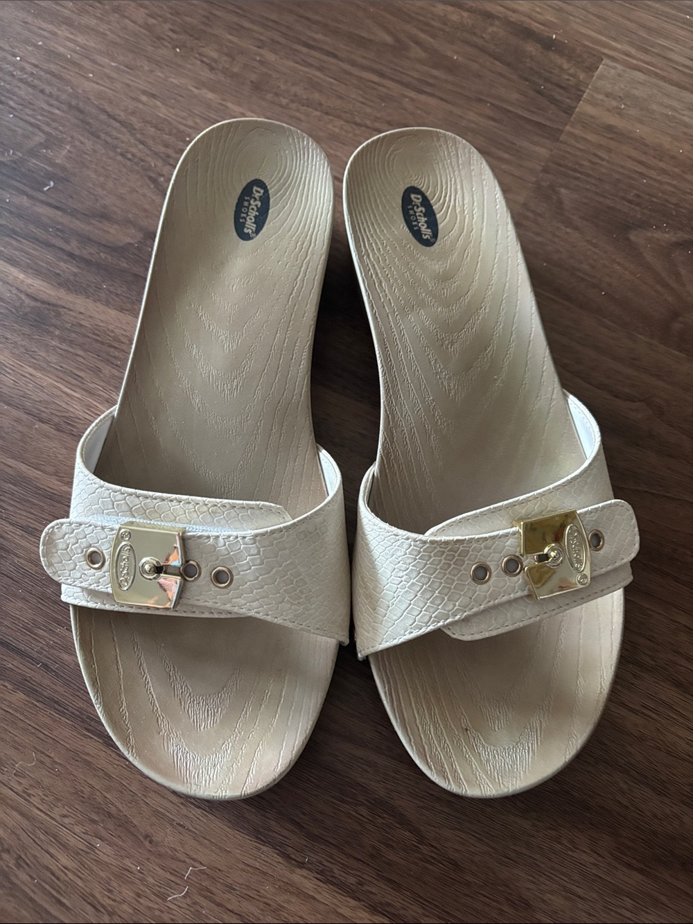 Dr. Scholl's Cream Slide Sandals with Gold Buckle